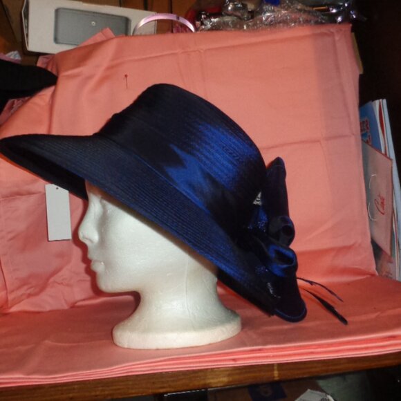 NEW FABULOUS NAVY BLUE DRESS HAT GIOVANNIO BY EMMA,ITALY-SIZE 7/7.5 MEDIUM-WOW! - Picture 3 of 7